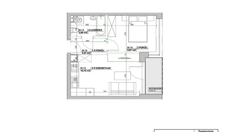 Rzut - Mieszkanie na sprzedaż 2 pokoje o powierzchni 32,71 m² - numer A14 w Laurowy Zakątek