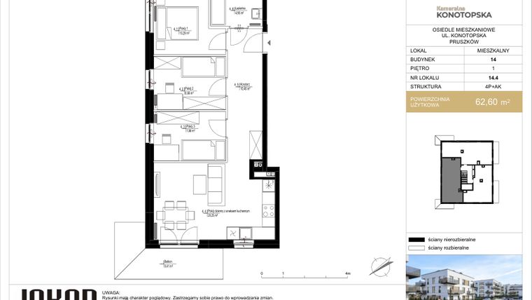 Rzut - Mieszkanie na sprzedaż 4 pokoje o powierzchni 62,6 m² - numer 14.4 w Kameralna Konotopska etap 2