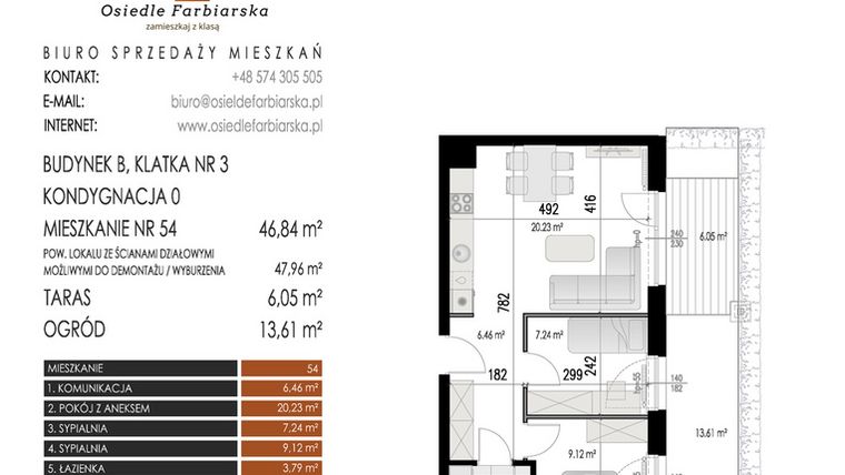Rzut - Mieszkanie na sprzedaż 3 pokoje o powierzchni 46,84 m² - numer 54B w Osiedle Farbiarska II