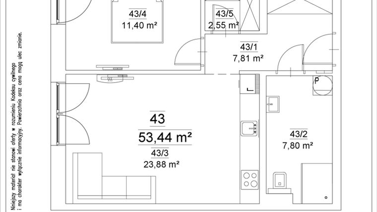 Rzut - Mieszkanie na sprzedaż 2 pokoje o powierzchni 53,44 m² - numer 43 w Osiedle Teatralne 19 - apartamenty inwestycyjne