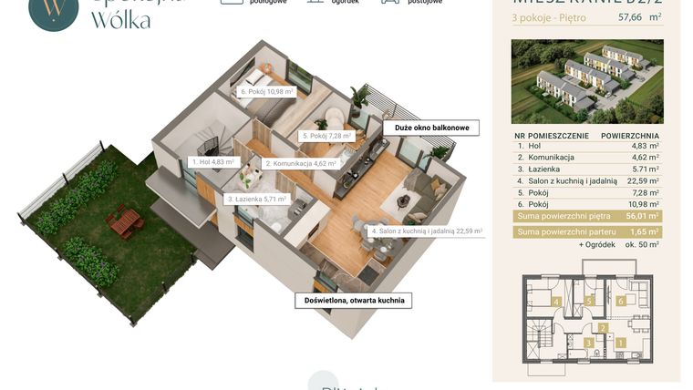 Rzut - Mieszkanie na sprzedaż 3 pokoje o powierzchni 57,66 m² - numer B2/2 w Spokojna Wólka etap IV