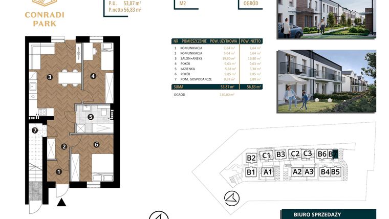 Rzut - Mieszkanie na sprzedaż 3 pokoje o powierzchni 56,83 m² - numer B7.M2 w Conradi Park etap II i III
