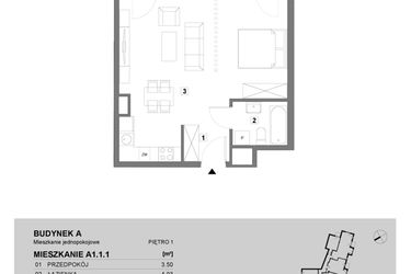 Rzut - Mieszkanie na sprzedaż 1 pokój o powierzchni 43,39 m² - numer A1.1.1 w ATAL Grabiszyn