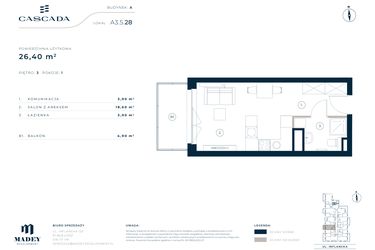Rzut - Mieszkanie na sprzedaż 1 pokój o powierzchni 26,4 m² - numer A3.5.28 w Cascada