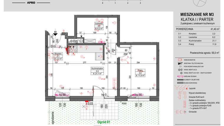 Rzut - Mieszkanie na sprzedaż 2 pokoje o powierzchni 41,4 m² - numer M3 w Antczaka 46