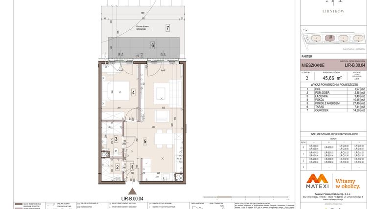 Rzut - Mieszkanie na sprzedaż 2 pokoje o powierzchni 45,66 m² - numer B.00.04 w Takt Lirników