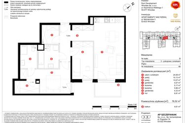 Rzut - Mieszkanie na sprzedaż 3 pokoje o powierzchni 76,52 m² - numer 46 w Apartamenty nad Rzeką