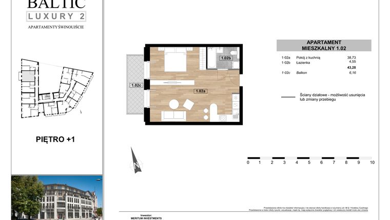 Rzut - Mieszkanie na sprzedaż 1 pokój o powierzchni 43,28 m² - numer 1.02 w Baltic Luxury 2