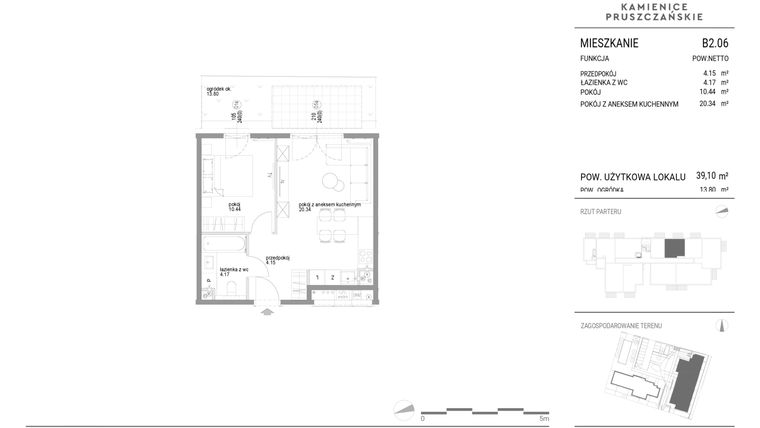 Rzut - Mieszkanie na sprzedaż 2 pokoje o powierzchni 39,5 m² - numer B2.06 w Kamienice Pruszczańskie