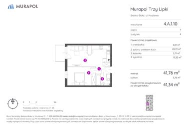 Rzut - Mieszkanie na sprzedaż 2 pokoje o powierzchni 41,34 m² - numer 4.A.1.10 w Murapol Trzy Lipki