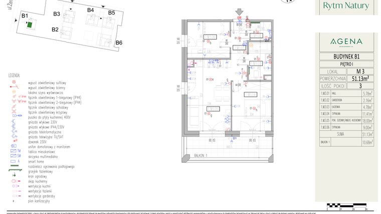 Rzut - Mieszkanie na sprzedaż 3 pokoje o powierzchni 51,13 m² - numer B1M3 w Rytm Natury