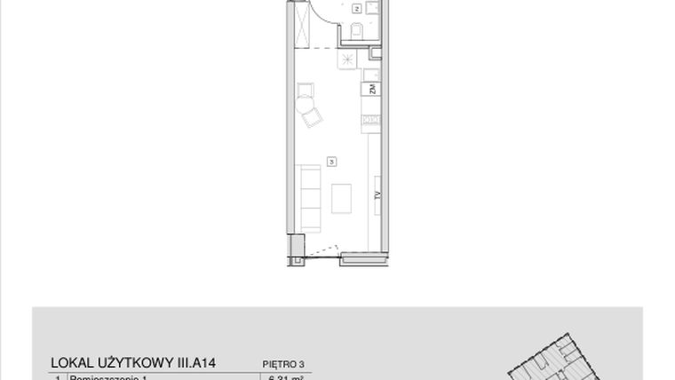 Rzut - Mieszkanie na sprzedaż 1 pokój o powierzchni 26,24 m² - numer III.A.14 w Krakowska 35 - Apartamenty Inwestycyjne