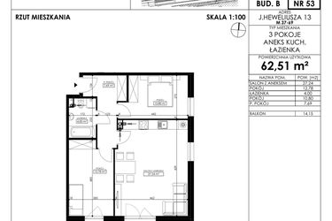 Rzut - Mieszkanie na sprzedaż 3 pokoje o powierzchni 62,51 m² - numer JAR-II-B-LM-M53 w Osiedle JAR Heweliusza etap II