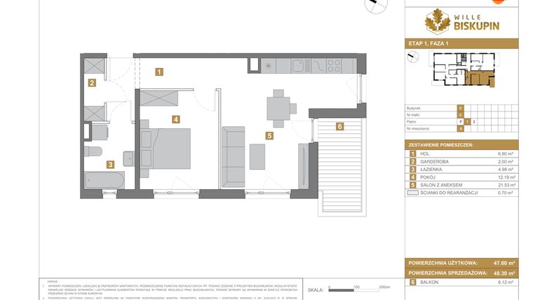 Rzut - Mieszkanie na sprzedaż 2 pokoje o powierzchni 48,3 m² - numer C.5 w Wille Biskupin