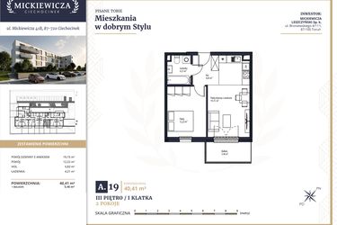 Rzut - Mieszkanie na sprzedaż 2 pokoje o powierzchni 40,41 m² - numer A19 w Mickiewicza