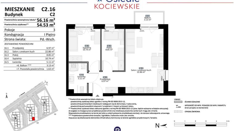 Rzut - Mieszkanie na sprzedaż 3 pokoje o powierzchni 54,53 m² - numer C2.16 w Osiedle Kociewskie etap III