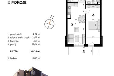 Rzut - Mieszkanie na sprzedaż 2 pokoje o powierzchni 48,26 m² - numer OK-15 w OKI DOKI
