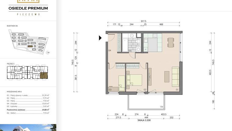 Rzut - Mieszkanie na sprzedaż 3 pokoje o powierzchni 64,88 m² - numer B1.8 w Osiedle Premium etap IV