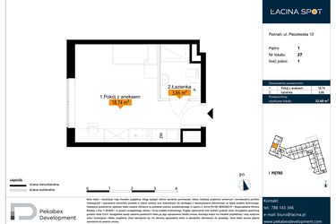 Rzut - Mieszkanie na sprzedaż 1 pokój o powierzchni 22,6 m² - numer B.1.27 w ŁACINA SPOT - apartamenty inwestycyjne
