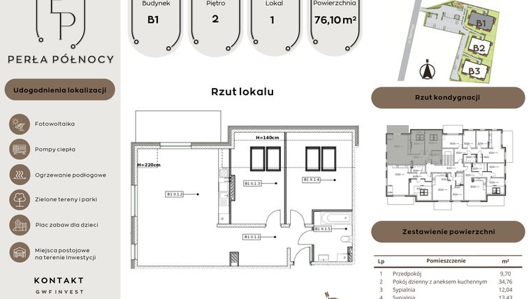 Rzut - Mieszkanie na sprzedaż 3 pokoje o powierzchni 76,1 m² - numer B1.2_1 w Perła Północy etap 2