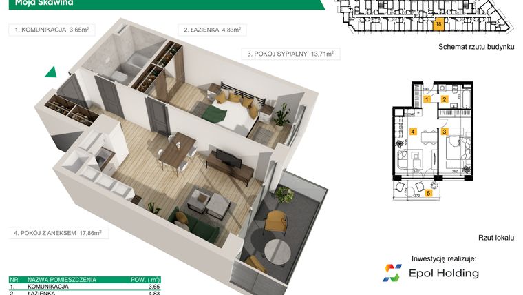 Rzut - Mieszkanie na sprzedaż 2 pokoje o powierzchni 40,05 m² - numer M18 w Moja Skawina