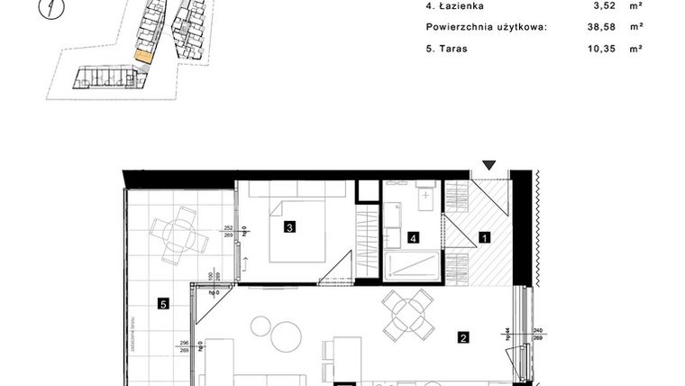 Rzut - Mieszkanie na sprzedaż 2 pokoje o powierzchni 38,58 m² - numer B.1.8 w Cisha Apartamenty Dziwnów