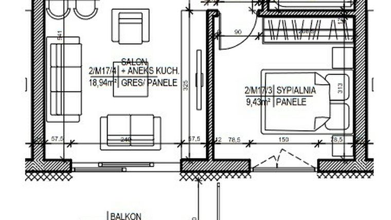 Rzut - Mieszkanie na sprzedaż 2 pokoje o powierzchni 36,32 m² - numer 17 w Staroniwskie Sady etap II
