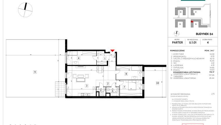 Rzut - Mieszkanie na sprzedaż 4 pokoje o powierzchni 115,17 m² - numer U.1.01 w CityFlow etap II