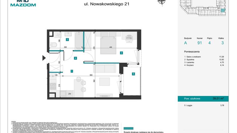 Rzut - Mieszkanie na sprzedaż 2 pokoje o powierzchni 39,01 m² - numer 91 w Błonie Vita