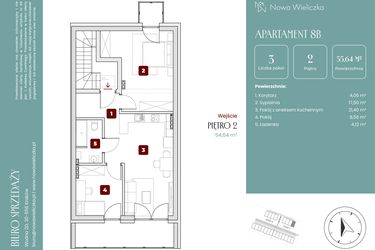 Rzut - Mieszkanie na sprzedaż 3 pokoje o powierzchni 54,69 m² - numer 8B w Nowa Wieliczka
