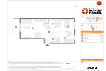 Rzut - Mieszkanie na sprzedaż 3 pokoje o powierzchni 61,32 m² - numer G.6 w Osiedle Harmonia Mokotów etap 2
