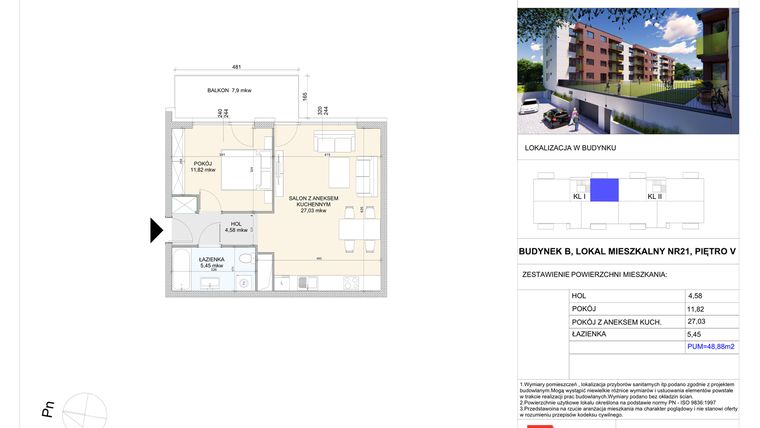 Rzut - Mieszkanie na sprzedaż 2 pokoje o powierzchni 48,88 m² - numer B.21 w Wólczańska 248 - etap II