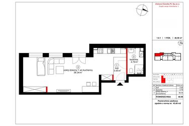 Rzut - Mieszkanie na sprzedaż 2 pokoje o powierzchni 45,6 m² - numer 1 w Czynu Społecznego 65F