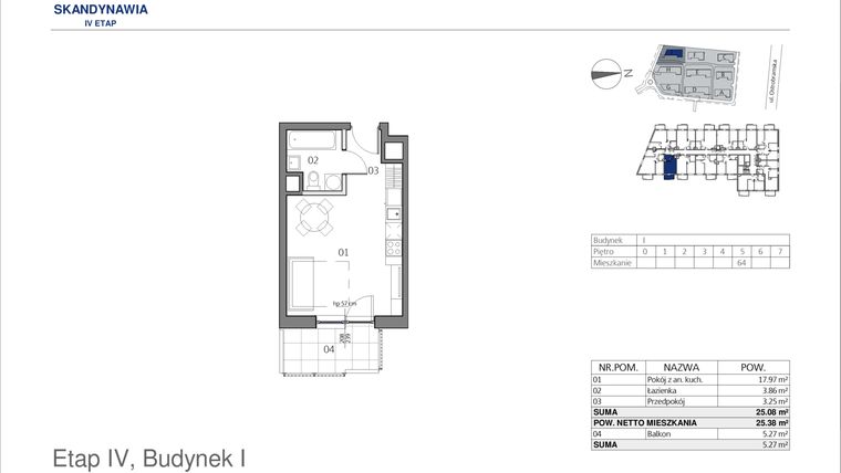 Rzut - Mieszkanie na sprzedaż 1 pokój o powierzchni 25,08 m² - numer I0564 w Park Skandynawia V