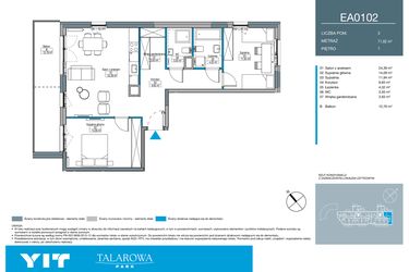 Rzut - Mieszkanie na sprzedaż 3 pokoje o powierzchni 71,82 m² - numer EA0102 w Talarowa Park II