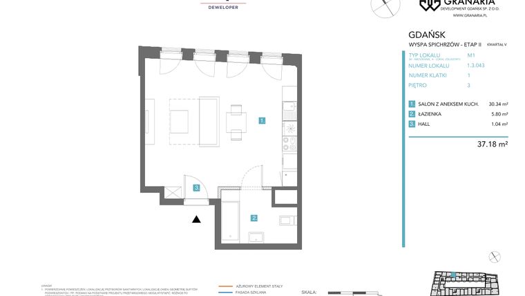 Rzut - Mieszkanie na sprzedaż 1 pokój o powierzchni 37,18 m² - numer 1.3.043 w Granaria