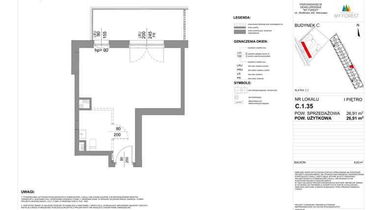 Rzut - Mieszkanie na sprzedaż 1 pokój o powierzchni 26,91 m² - numer C.1.35 w My Forest - Apartamenty inwestycyjne