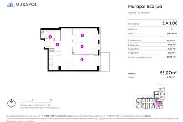Rzut - Mieszkanie na sprzedaż 3 pokoje o powierzchni 53,07 m² - numer 2.A.1.06 w Murapol Scarpa