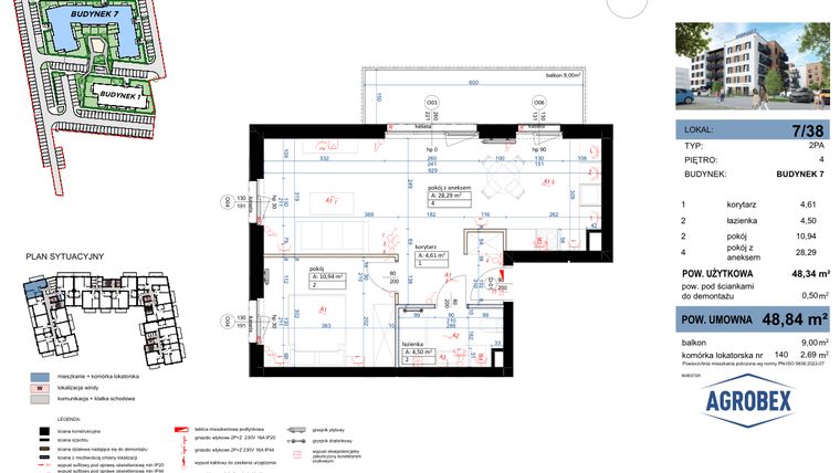 Rzut - Mieszkanie na sprzedaż 2 pokoje o powierzchni 48,84 m² - numer 7/38 w Nove Garby