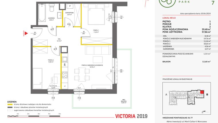 Rzut - Mieszkanie na sprzedaż 3 pokoje o powierzchni 59,4 m² - numer 63 w Olchowy Park VII