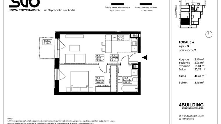 Rzut - Mieszkanie na sprzedaż 2 pokoje o powierzchni 44,48 m² - numer 3.6 w Nowa Strycharska | STR 6
