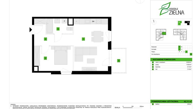 Rzut - Mieszkanie na sprzedaż 2 pokoje o powierzchni 43,11 m² - numer A24 w Osiedle Zielna IV faza 2