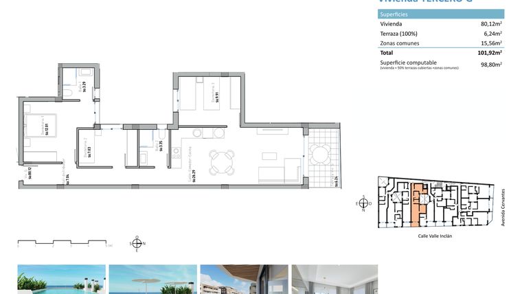 Rzut - Mieszkanie na sprzedaż 3 pokoje o powierzchni 98,8 m² - numer G w Apartamenty w Guardamar del Segura - 17229558