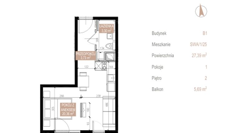Rzut - Mieszkanie na sprzedaż 1 pokój o powierzchni 27,24 m² - numer SWA/1/25/D w Apartamenty Świeradowska