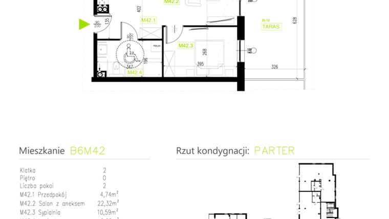 Rzut - Mieszkanie na sprzedaż 2 pokoje o powierzchni 44,27 m² - numer B6M42 w Osiedle Natura Park etap II