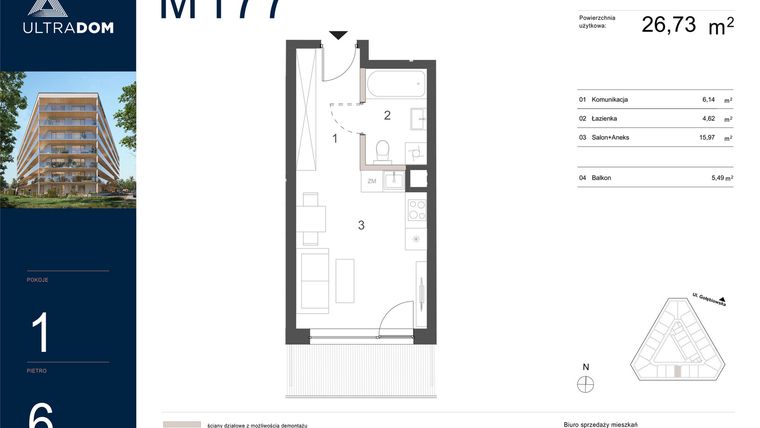 Rzut - Mieszkanie na sprzedaż 1 pokój o powierzchni 26,73 m² - numer M177 w Ultradom