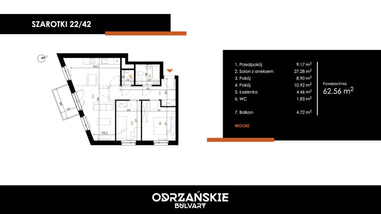 Rzut - Mieszkanie na sprzedaż 3 pokoje o powierzchni 62,56 m² - numer 22/42 w Odrzańskie Bulvary