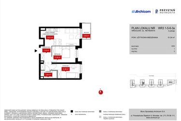 Rzut - Mieszkanie na sprzedaż 3 pokoje o powierzchni 51,54 m² - numer WR3 1/5/6/3a w Przystań Reymonta etap II