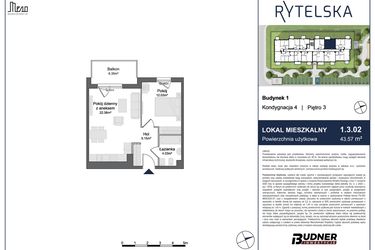 Rzut - Mieszkanie na sprzedaż 2 pokoje o powierzchni 43,57 m² - numer 1.3.02 w Rytelska