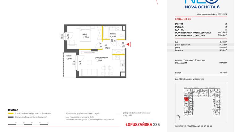 Rzut - Mieszkanie na sprzedaż 2 pokoje o powierzchni 40,34 m² - numer 26 w Neo Nova Ochota 6